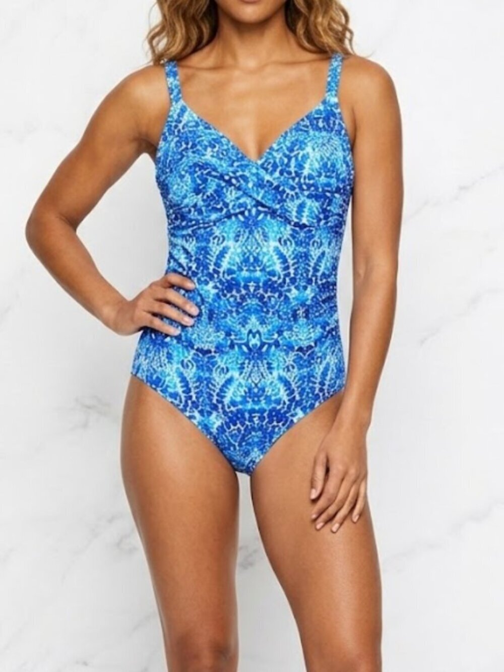 Swim Solutions Blue Patterned Scoop Back Twist-Front One Piece Swimsuit 14 NWT - Picture 1 of 8